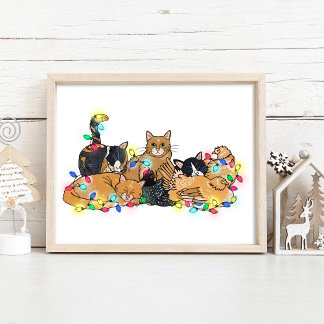 Póster Ilustracion de gatos y pollos navidades