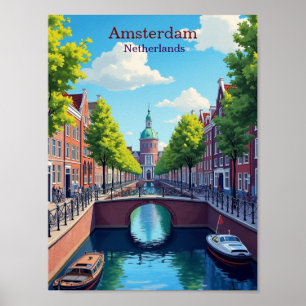 Póster Ilustración de Gouache de Viaje Amsterdam Países B