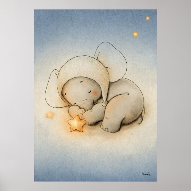 Póster Ilustración de guardería de elefante durmiendo par (Frente)