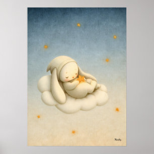 Póster Ilustración de guardería de nubes con conejo durmi