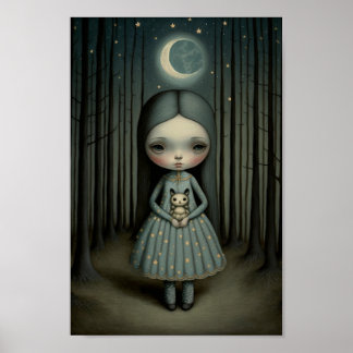 Póster Ilustración de guardería dulce niña y la luna