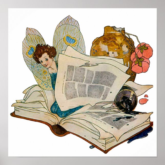 Póster Ilustración de hada gusano de libro vintage (Frente)