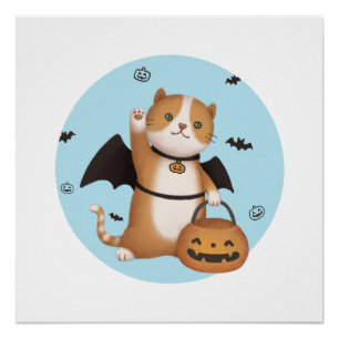 Póster Ilustracion de Halloween: Gato murciélago