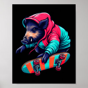 Póster Ilustración de jabalí salvaje skateboarding genial
