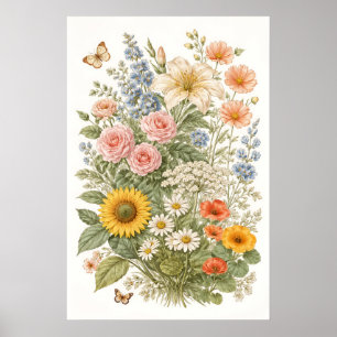Póster Ilustración de jardín de flores silvestres botánic