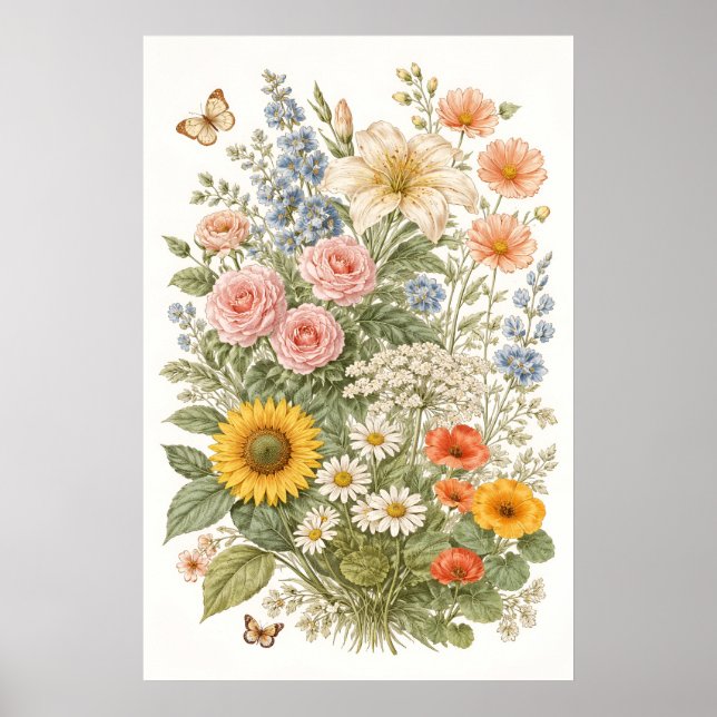 Póster Ilustración de jardín de flores silvestres botánic (Frente)