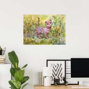 Póster Ilustración de jardín de gatito lindo mariposa flo