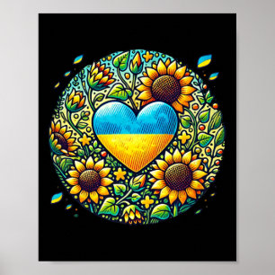 Póster Ilustración de la bandera de Ucrania y girasoles 