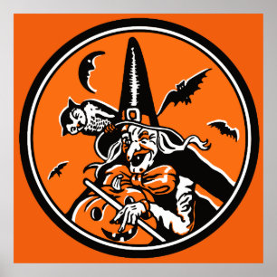 Póster Ilustracion de la bruja y del búho de Halloween