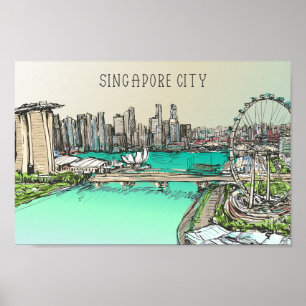 Póster Ilustracion de la Ciudad de Singapur