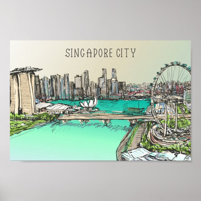 Póster Ilustracion de la Ciudad de Singapur (Frente)