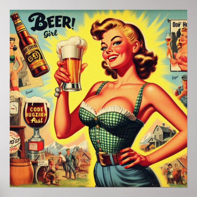 Póster Ilustracion de la Mujer de Cerveza Vintage (Frente)