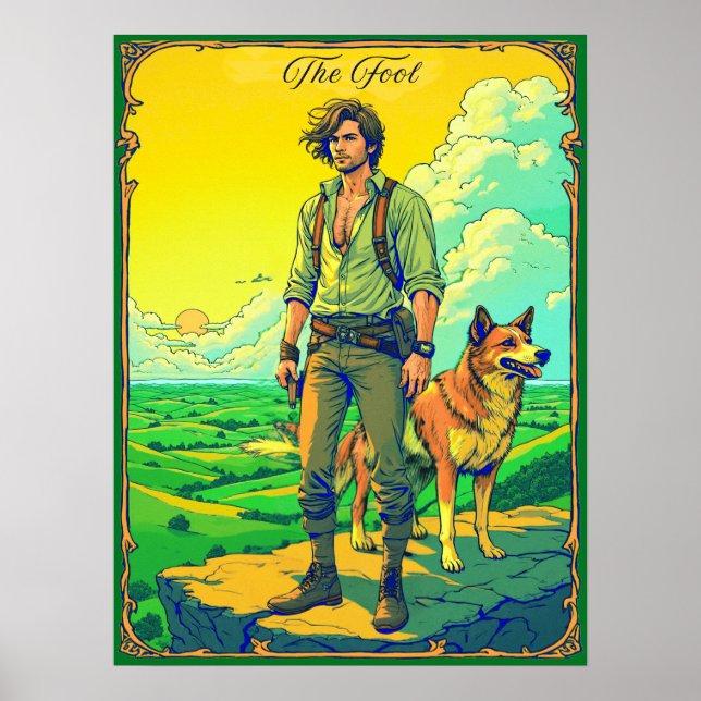 Póster Ilustracion de la tarjeta Tarot, el tonto (Frente)