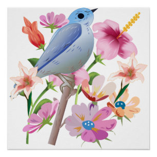 Póster Ilustracion de las flores de primavera y pájaro