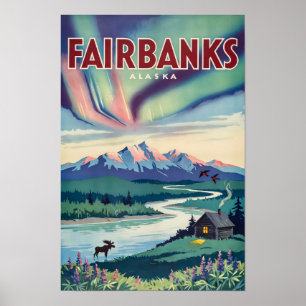 Póster Ilustración de las Luces del Norte de Fairbanks Al