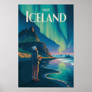 Póster Ilustración de las luces del norte de Islandia Art
