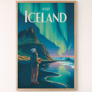 Póster Ilustración de las luces del norte de Islandia Art