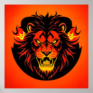 Póster Ilustración de León Ardiente Rodeado de Flamígero