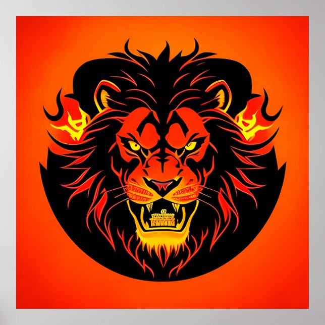 Póster Ilustración de León Ardiente Rodeado de Flamígero (Frente)