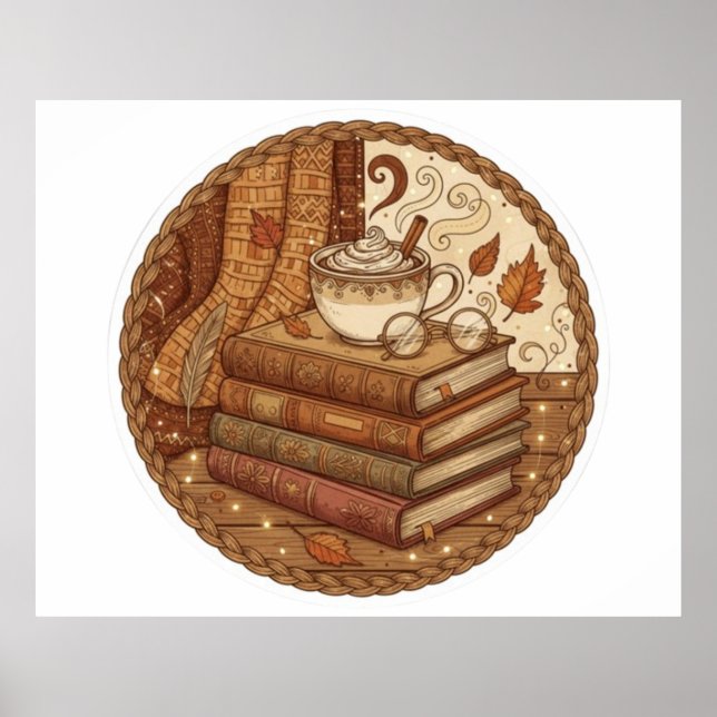 Póster Ilustración de libros y café de otoño acogedor (Frente)