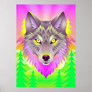 Póster Ilustracion de lobo vibrante con árboles abstracto