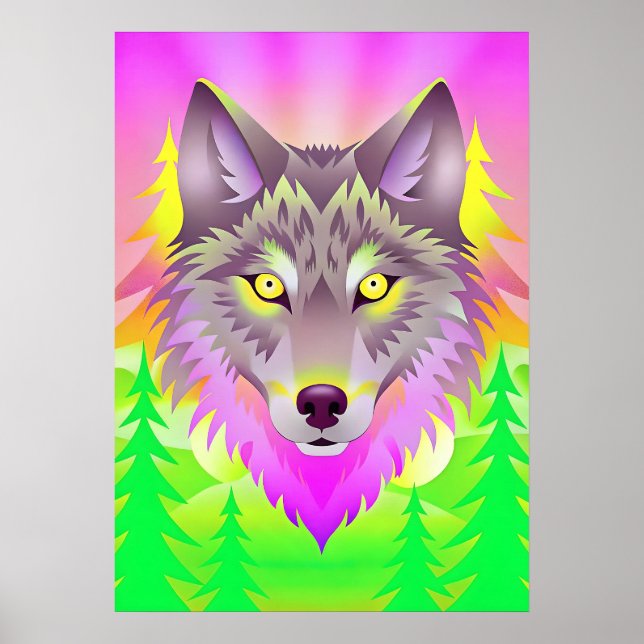 Póster Ilustracion de lobo vibrante con árboles abstracto (Frente)