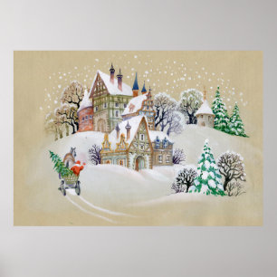 Póster Ilustracion de mano con paisaje invernal y
