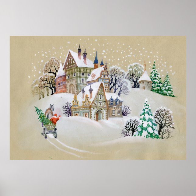 Póster Ilustracion de mano con paisaje invernal y (Frente)