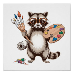 Póster Ilustración de Mapache Pintor Genial