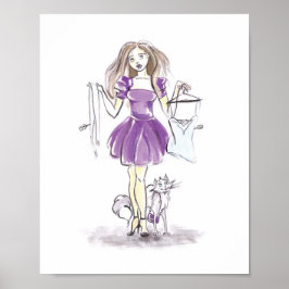 Póster Ilustracion de moda Chica de compras Cat acuarela