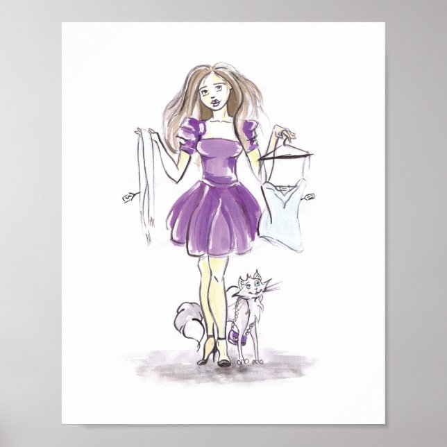 Póster Ilustracion de moda Chica de compras Cat acuarela (Frente)