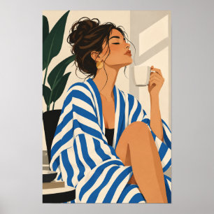 Póster Ilustración de moda de mujer con bata a rayas azul