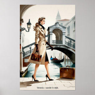 Póster Ilustracion de moda de una mujer que cruza Venecia