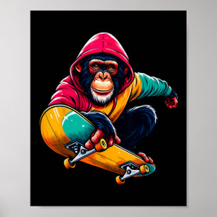 Póster Ilustración de mono bonobo funky skateboarding gen