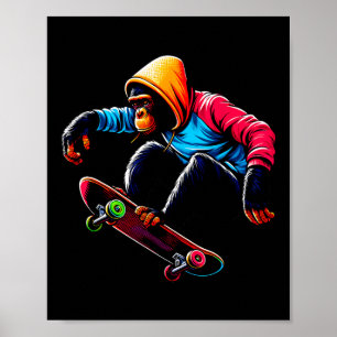Póster Ilustración de mono bonobo funky skateboarding gen