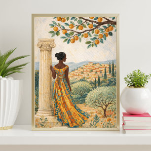 Póster Ilustración de mujer junto a columna con árbol cít