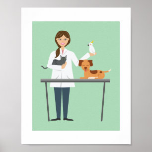 Póster Ilustración de mujer veterinaria con animales