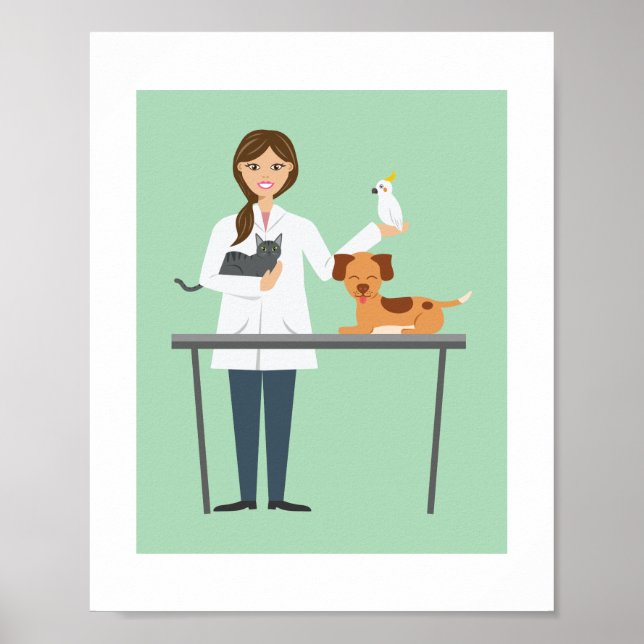 Póster Ilustración de mujer veterinaria con animales (Frente)