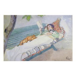 Póster Ilustración de mujer vintage leyendo en el jardín