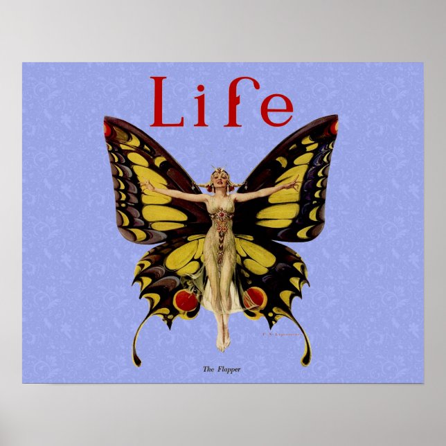 Póster Ilustración de Mujer Volando Mariposa Flapper (Frente)