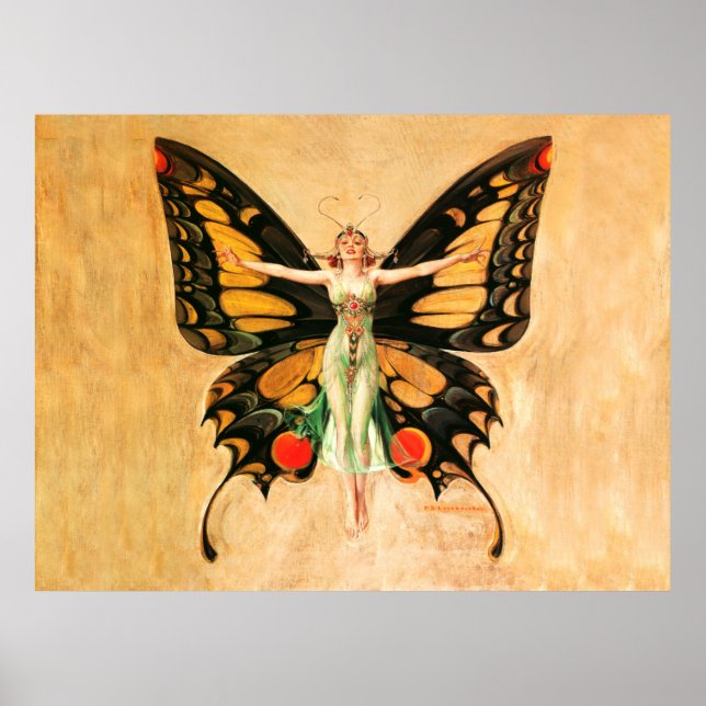 Póster Ilustración de Mujer Volando Mariposa Flapper (Frente)