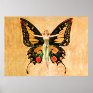 Póster Ilustración de Mujer Volando Mariposa Flapper