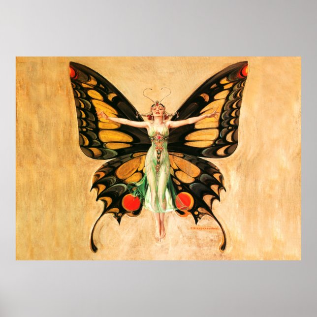 Póster Ilustración de Mujer Volando Mariposa Flapper (Frente)