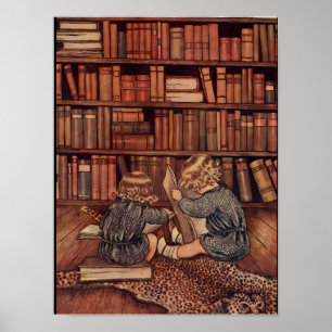 Póster Ilustración de niños antiguos leyendo en la biblio