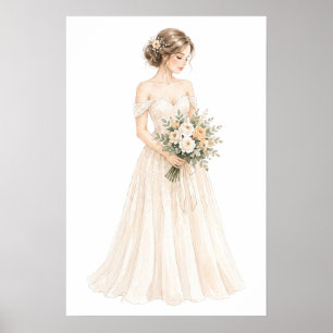 Póster Ilustración de novia con acuarela elegante