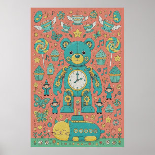 Póster Ilustración de osito Teddy ocupado adorable