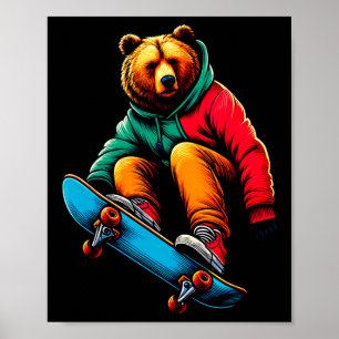 Póster Ilustración de oso grizzly skateboarding genial y