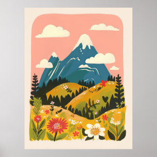 Póster Ilustración de paisaje montañoso floral boho