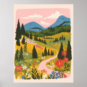 Póster Ilustración de paisaje montañoso floral boho