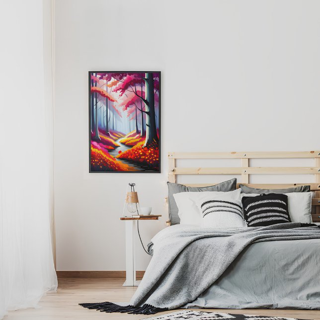 Póster Ilustracion de paisajes floridos de los bosques (Colorful Forest Floral Landscape Illustration Poster)